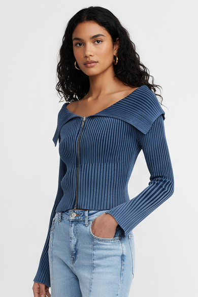 Edge Zip Top - In Charcoal Grey and Slate Blue