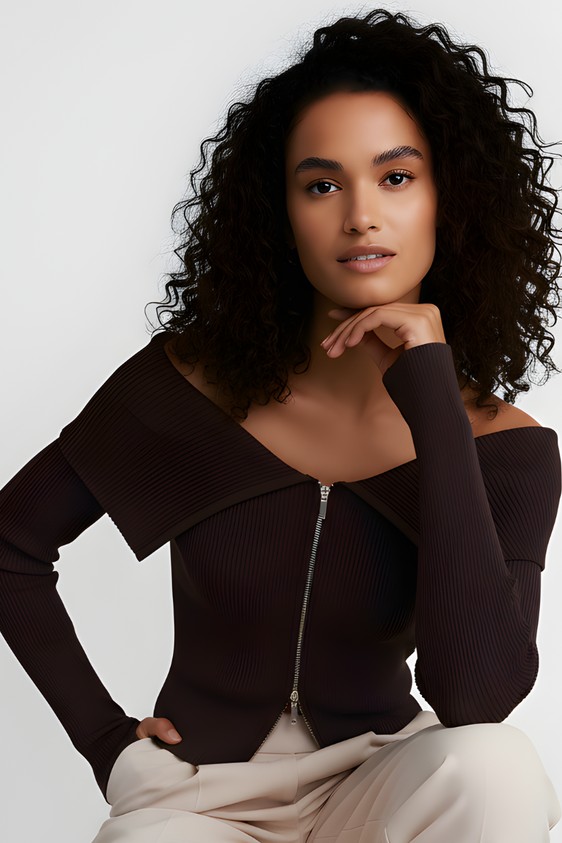 Midnight Fold Zip Top —  Burgundy and Deep Brown