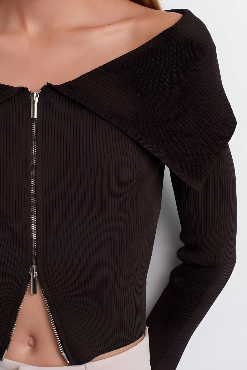 Midnight Fold Zip Top —  Burgundy and Deep Brown