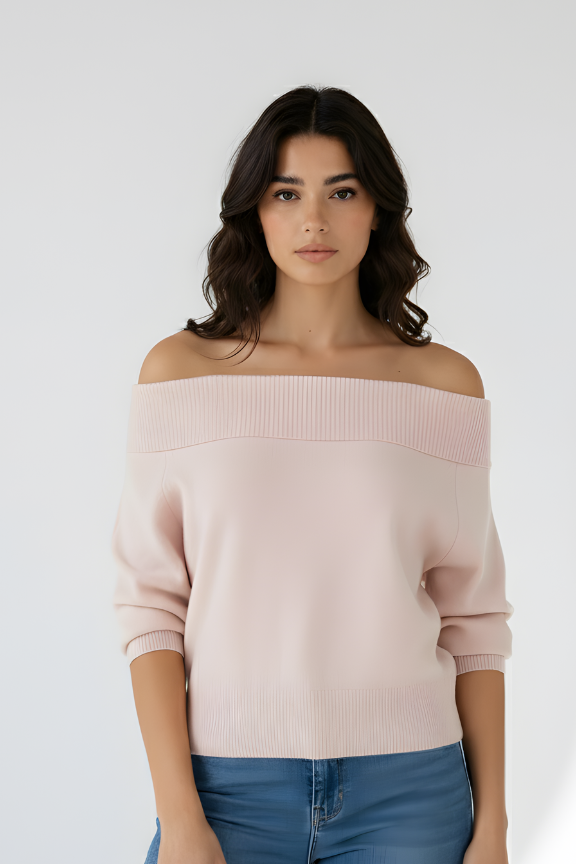 Trish Off-Shoulder Sweater - In Pink and White