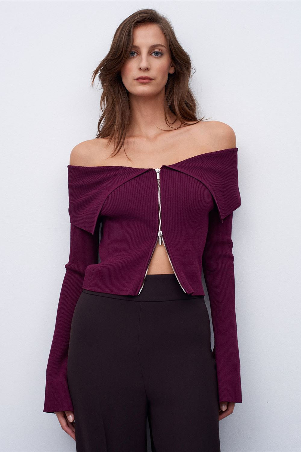 Midnight Fold Zip Top —  Burgundy and Deep Brown