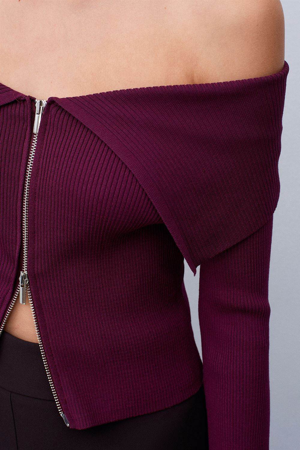 Midnight Fold Zip Top —  Burgundy and Deep Brown
