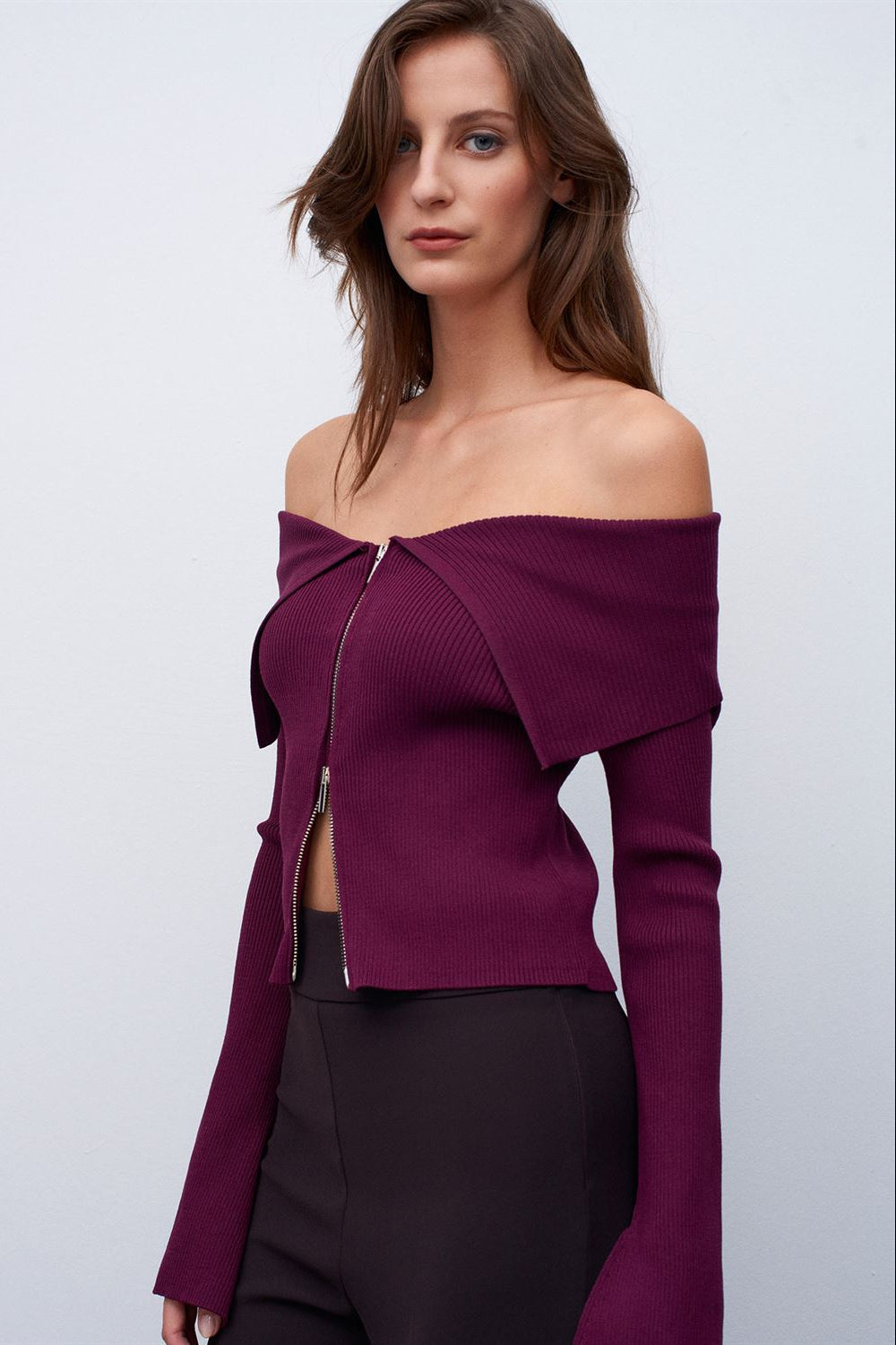 Midnight Fold Zip Top —  Burgundy and Deep Brown