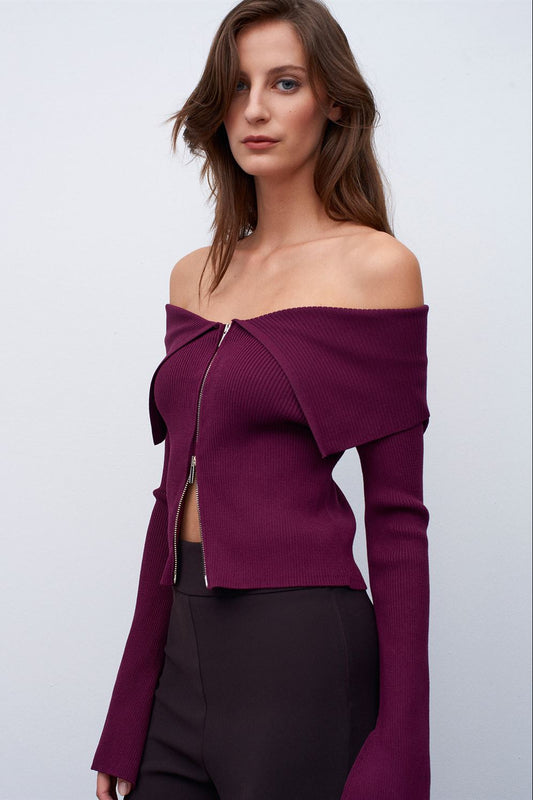 Midnight Fold Zip Top —  Burgundy and Deep Brown