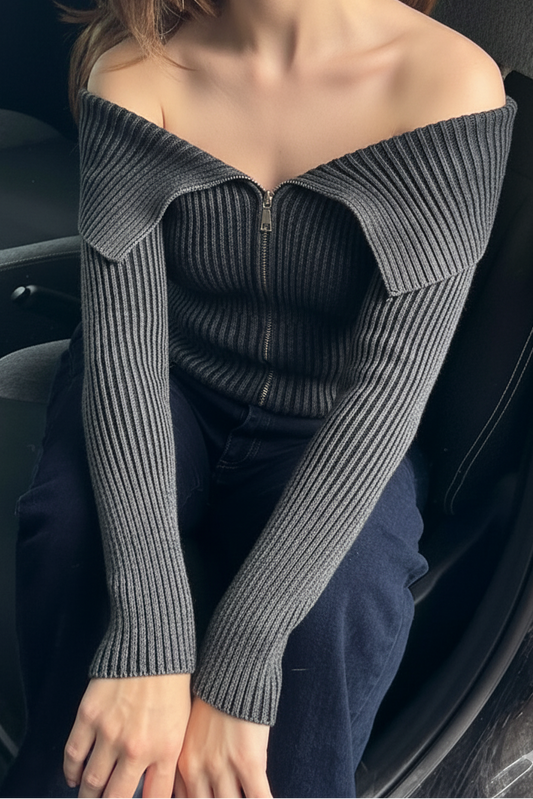 Edge Zip Top  - In Charcoal Grey and Slate Blue