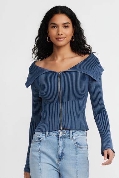 Edge Zip Top  - In Charcoal Grey and Slate Blue