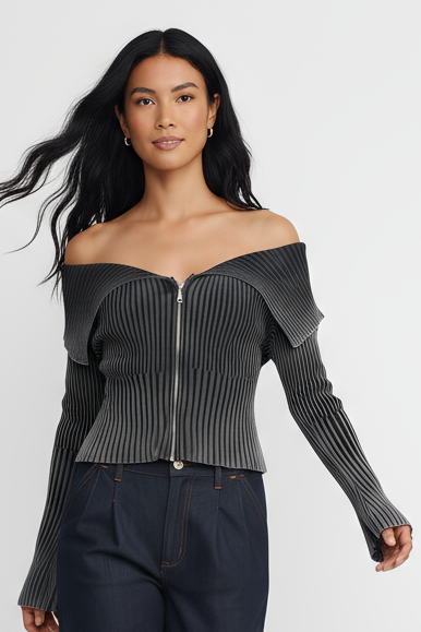 Edge Zip Top  - In Charcoal Grey and Slate Blue